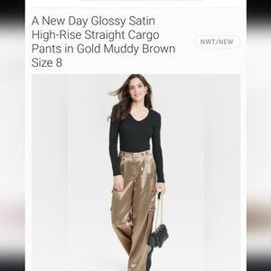 NWT‎ A new day glossy satin high rise straight cargo pants in gold muddy brown
